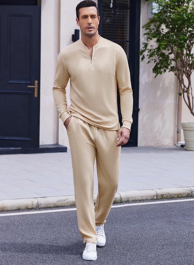COOFANDY Men's Tracksuit 2 Piece Set Outfits Quarter Zip Polo Sweatsuit Athletic Long Sleeve Casual Sports Jogging Beige - Image 2